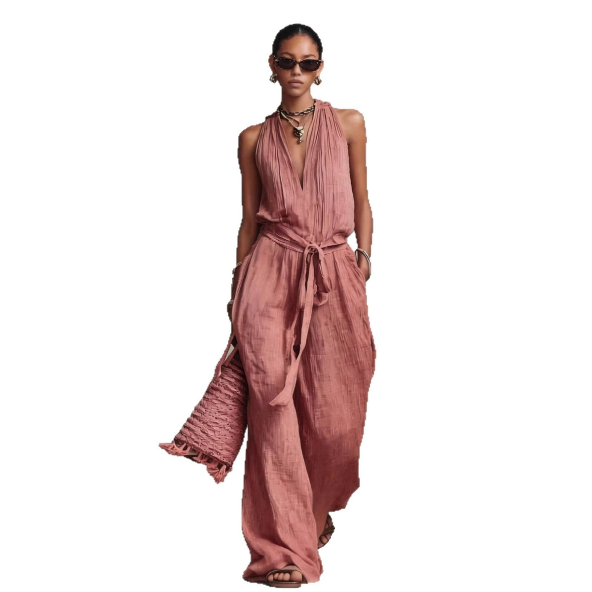 Women's Casual Belted Sleeveless Cotton-blend Jumpsuit