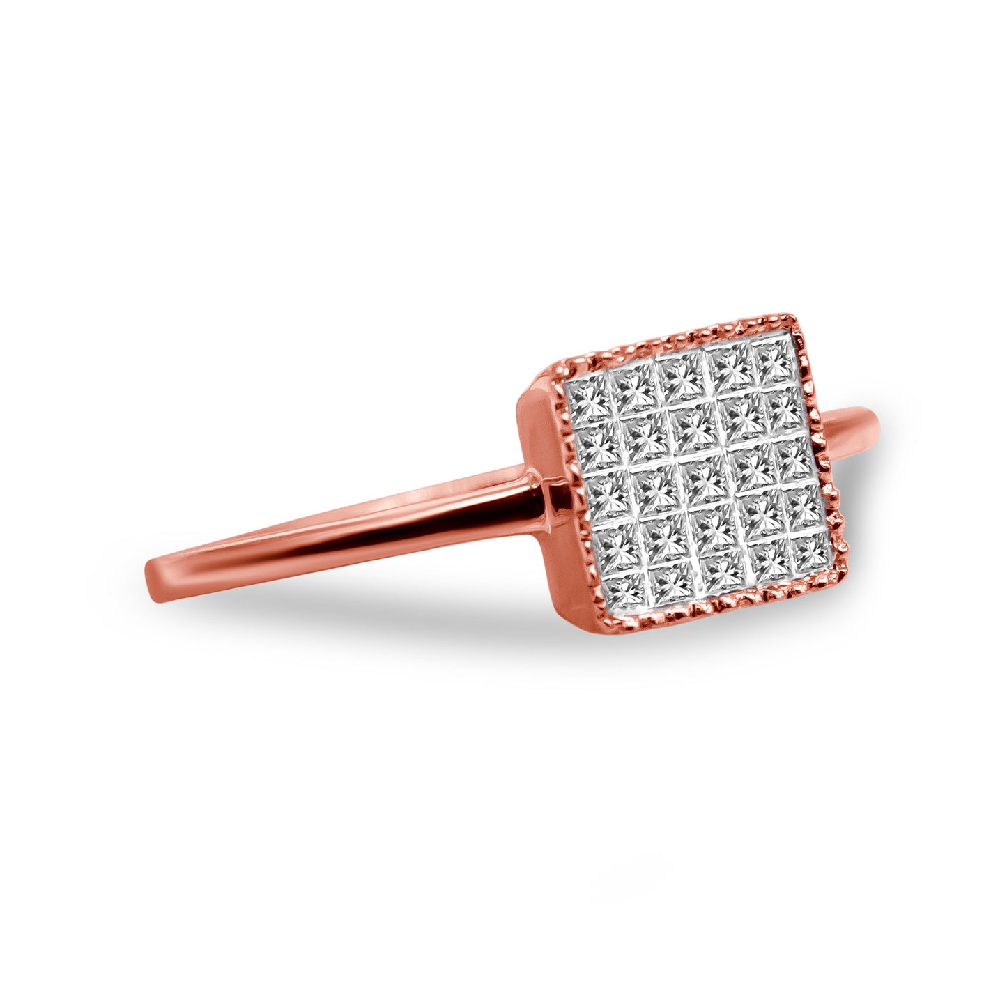 10K Rose Gold 1/3 Cttw Invisible Set Princess Cut Diamond Composite Square Shape Ring for Women (H-I color, I1-I2 clarity) - Size 7