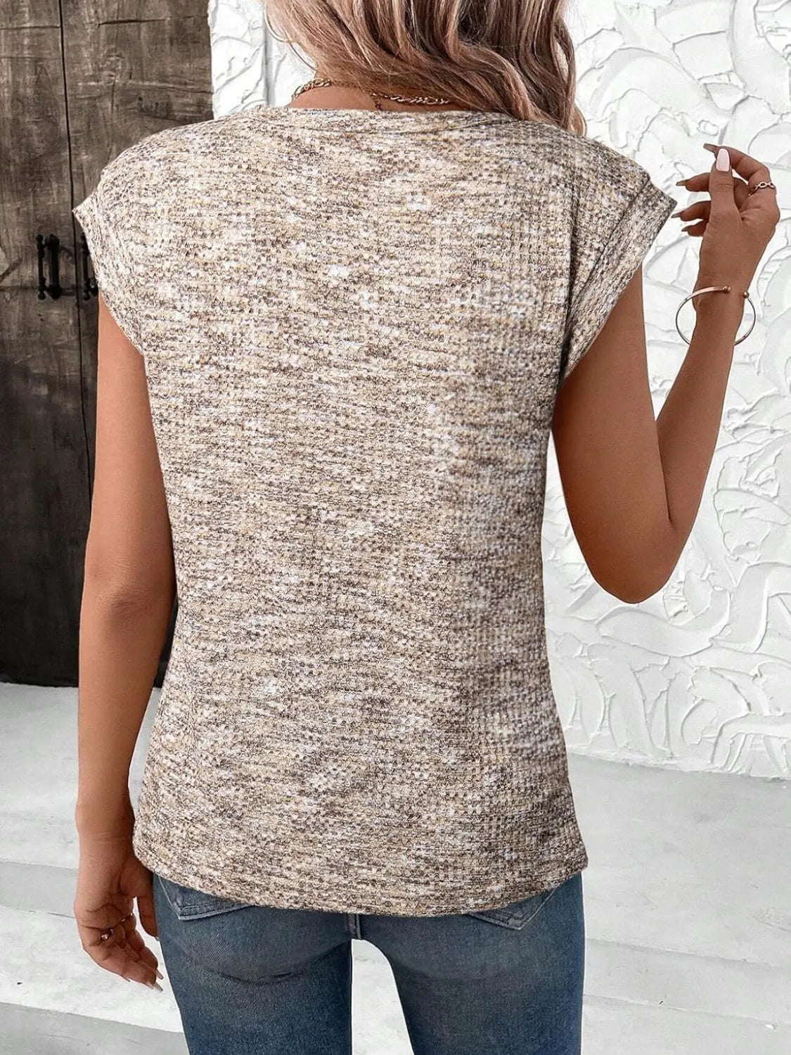 Round Neck Knit Cap Sleeve Top