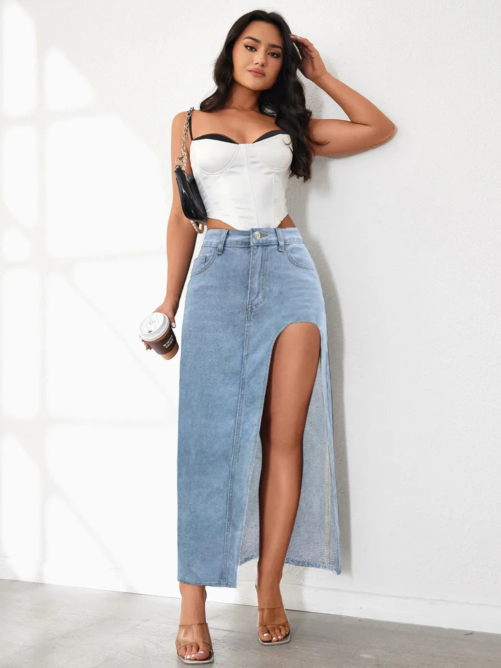 High Rise Slit Denim Skirt