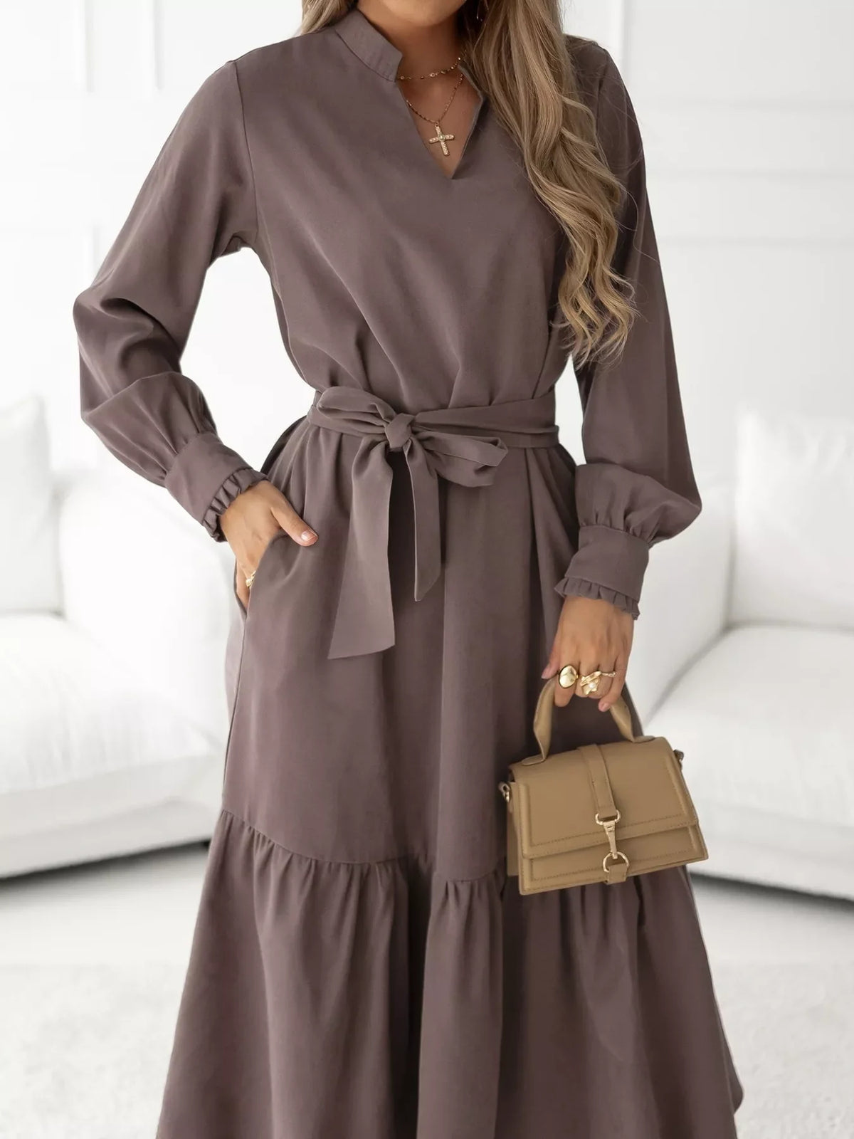 Long Sleeve Tie Waist Ruffle Hem Midi Dress