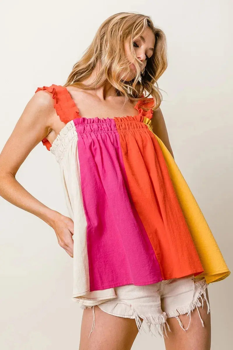Tank Top - Color Block Frill Straps - Women's Casual