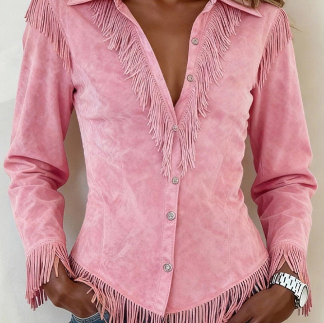 Women's Western Style Suede Fringed Slim Fit Long Sleeve Shirt