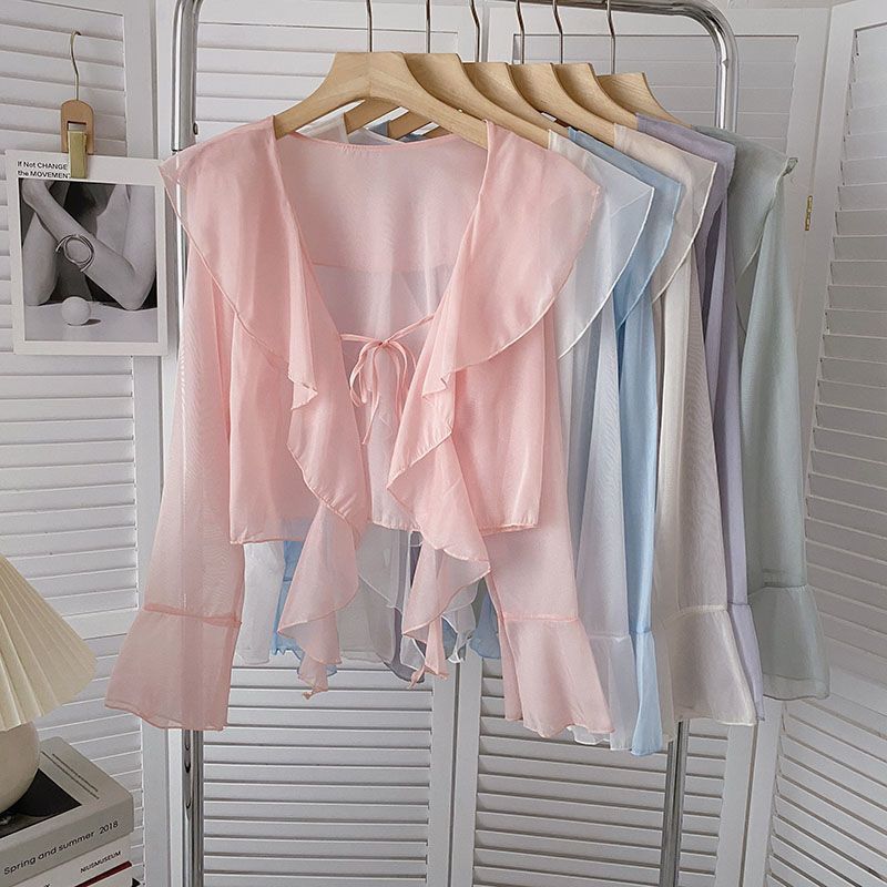 Plus-size Ruffled Chiffon Sun-protective Top For Women