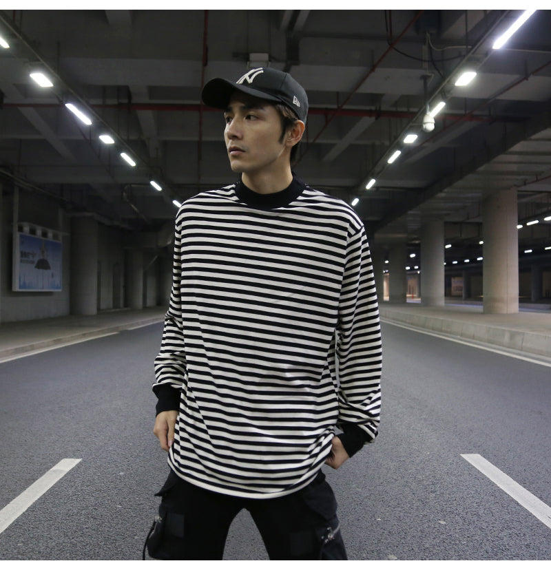 Oversized Striped T-Shirt with Ribbed Collar