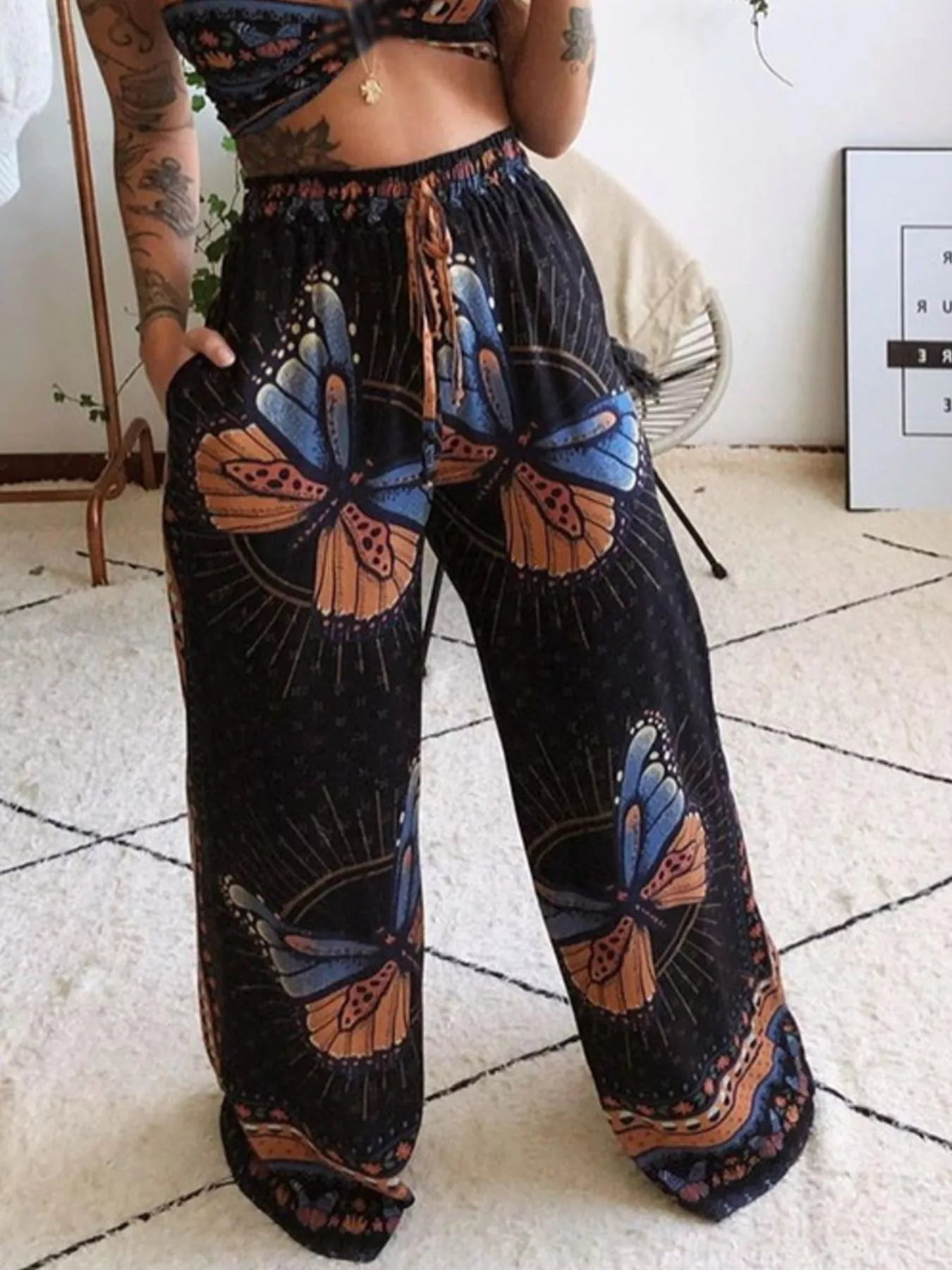 Conjunto de Top y Pantalones con Estampado Mariposa Bohemio