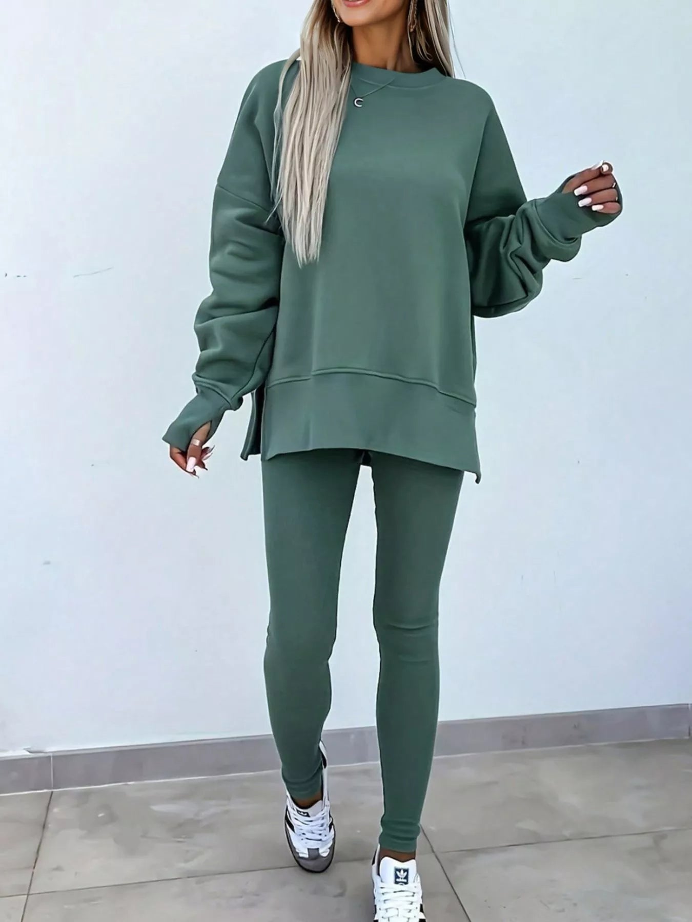 Conjunto de Sudadera Extragrande con Abertura y Leggings Acanalados de 2 Piezas
