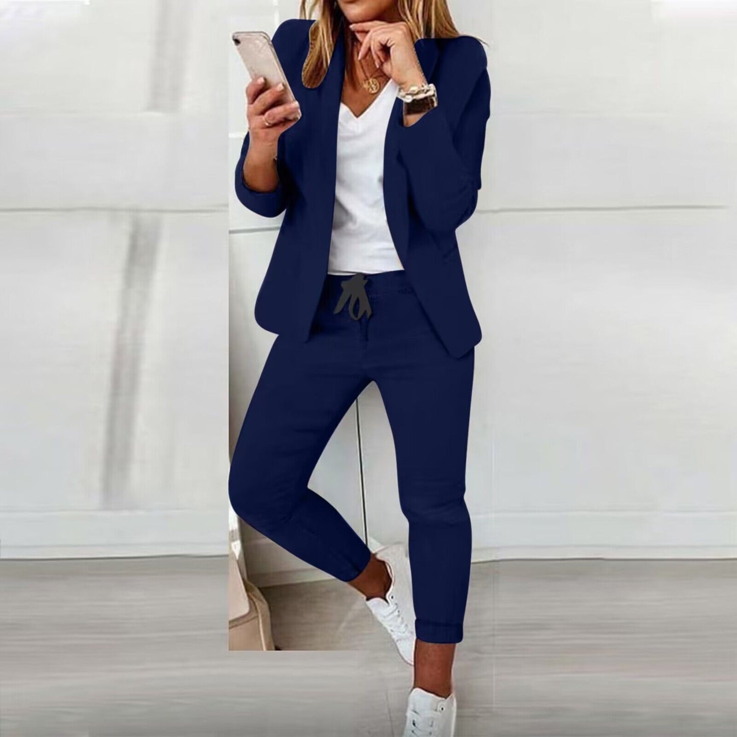 Conjunto de traje de saco con solapa de muesca y pantalón con cordón para mujer