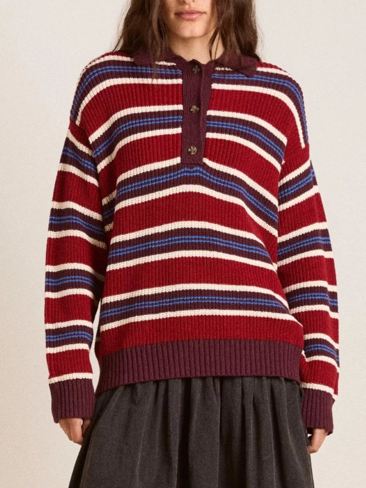 Striped Button Detail Polo Collar Sweater