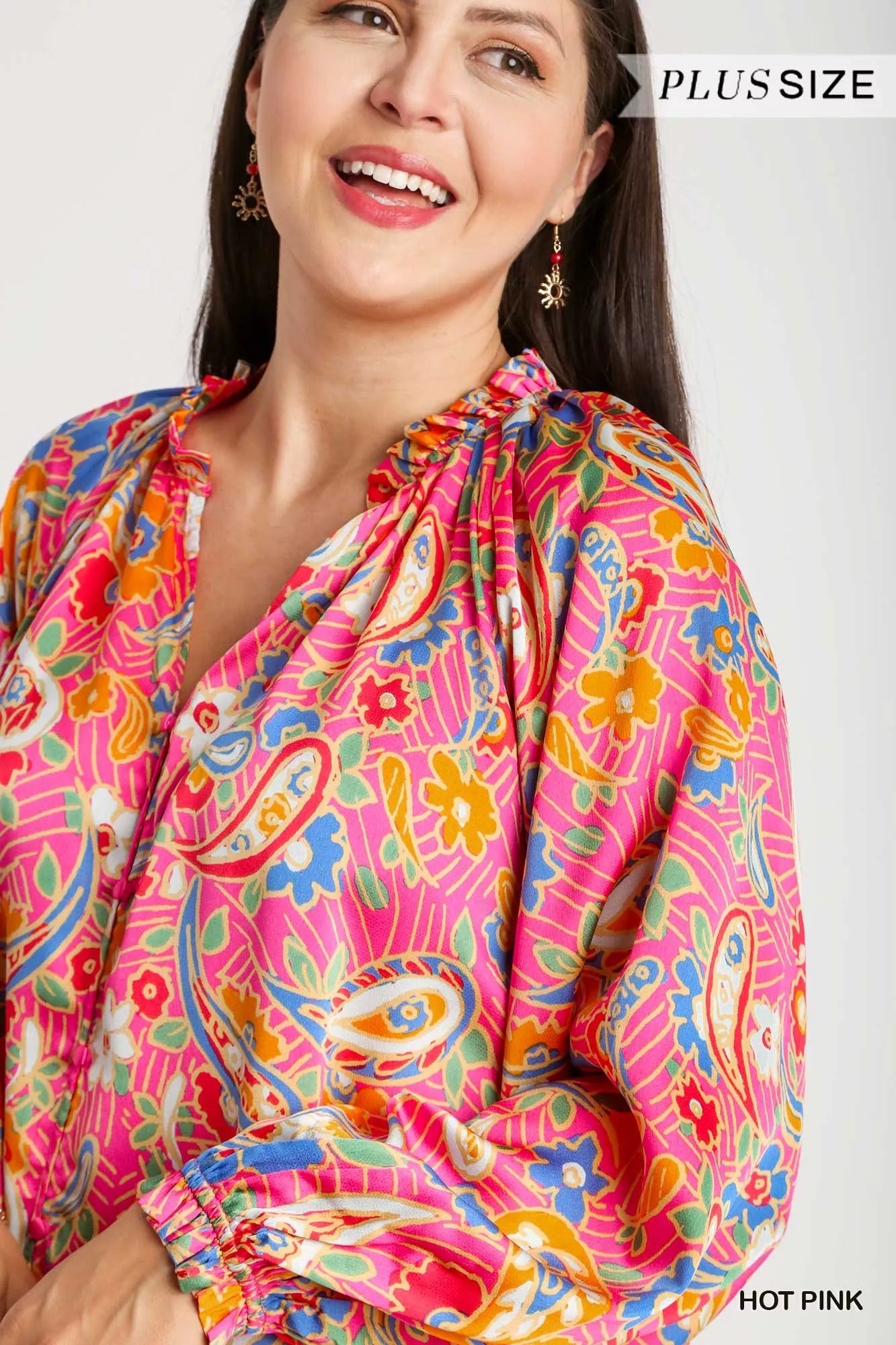 Full Size Satin Paisley Ruffle Neck Button-Up Shirt Plus Size
