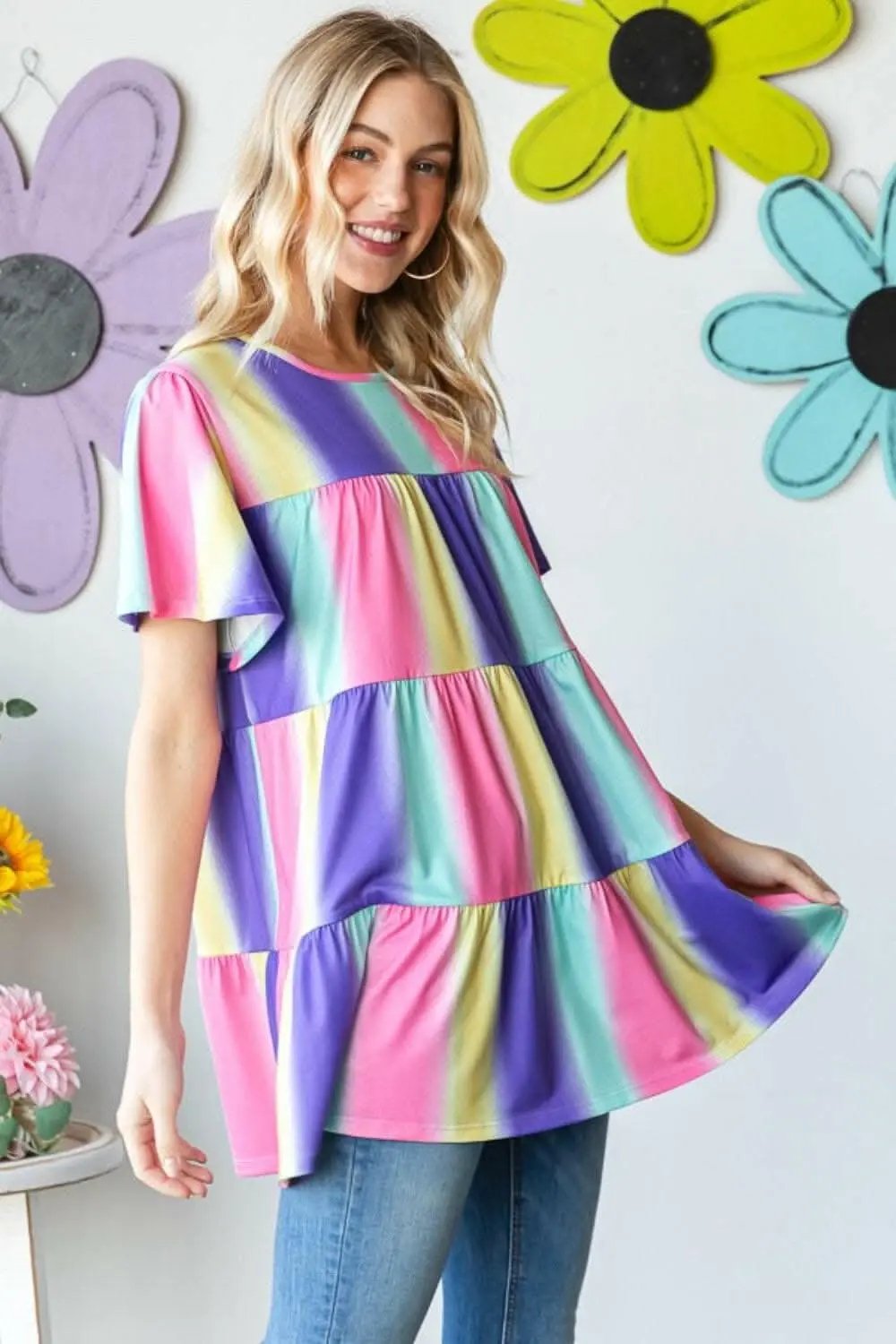T-Shirts Trendsi just arrived - Heimish Full Size Short Sleeve Striped Tiered T