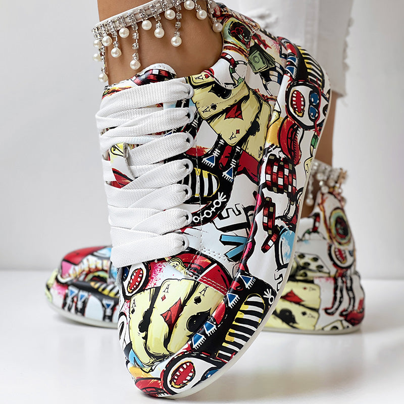 Women's Casual Round Toe Thick Sole Lace-Up Sneakers, Random Print Design, Comfortable Sporty Shoes For Daily Wear See size chart under “more details”