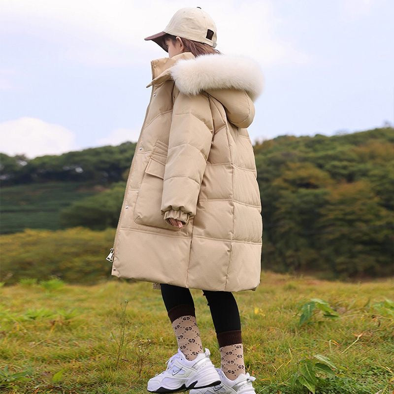 Girl Mid-length Winter Clothing Western Style Down Big Fur Collar Cotton Coat Jacket