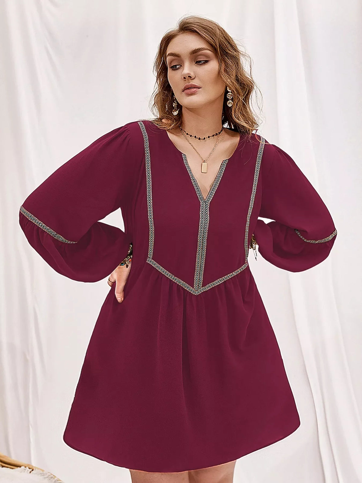 Plus Size Notched Balloon Sleeve Mini Dress