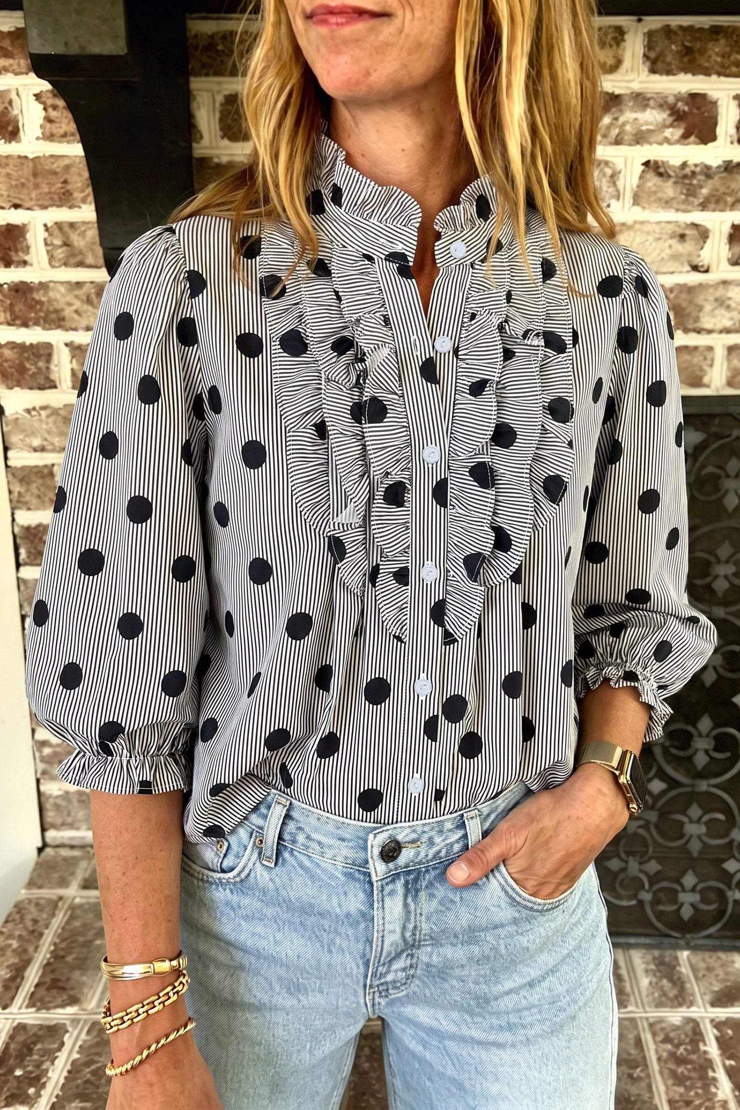 Fiery Red Polka Dot Striped Print Ruffle Stand Neck 3/4 Sleeve Shift Shirt