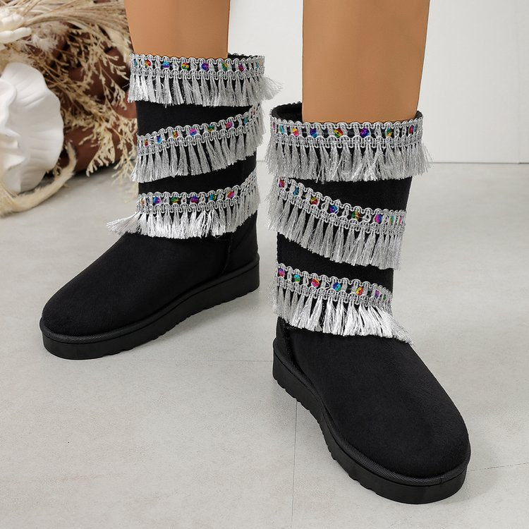 Women's Tassel Beaded Platform Short Shaft Boots, 2026 New Autumn Winter Premium Comfortable Versatile Snow Boots