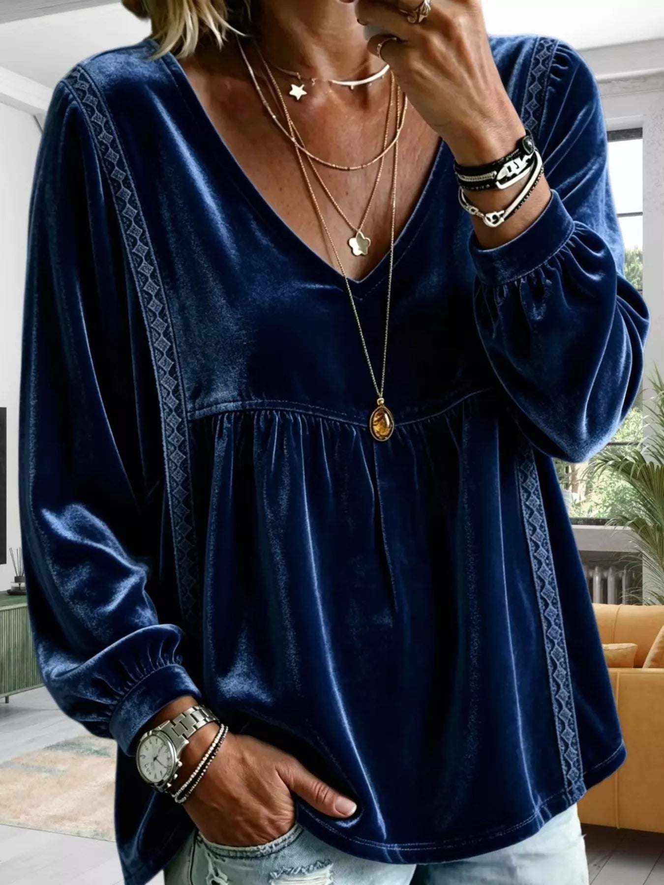 Full Size Velvet Lace Detail V-Neck Blouse Plus Size