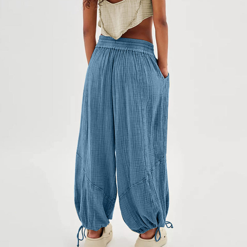 Pantalones de pernera ancha de color liso para mujer – Cintura elástica con cordón y bolsillos laterales