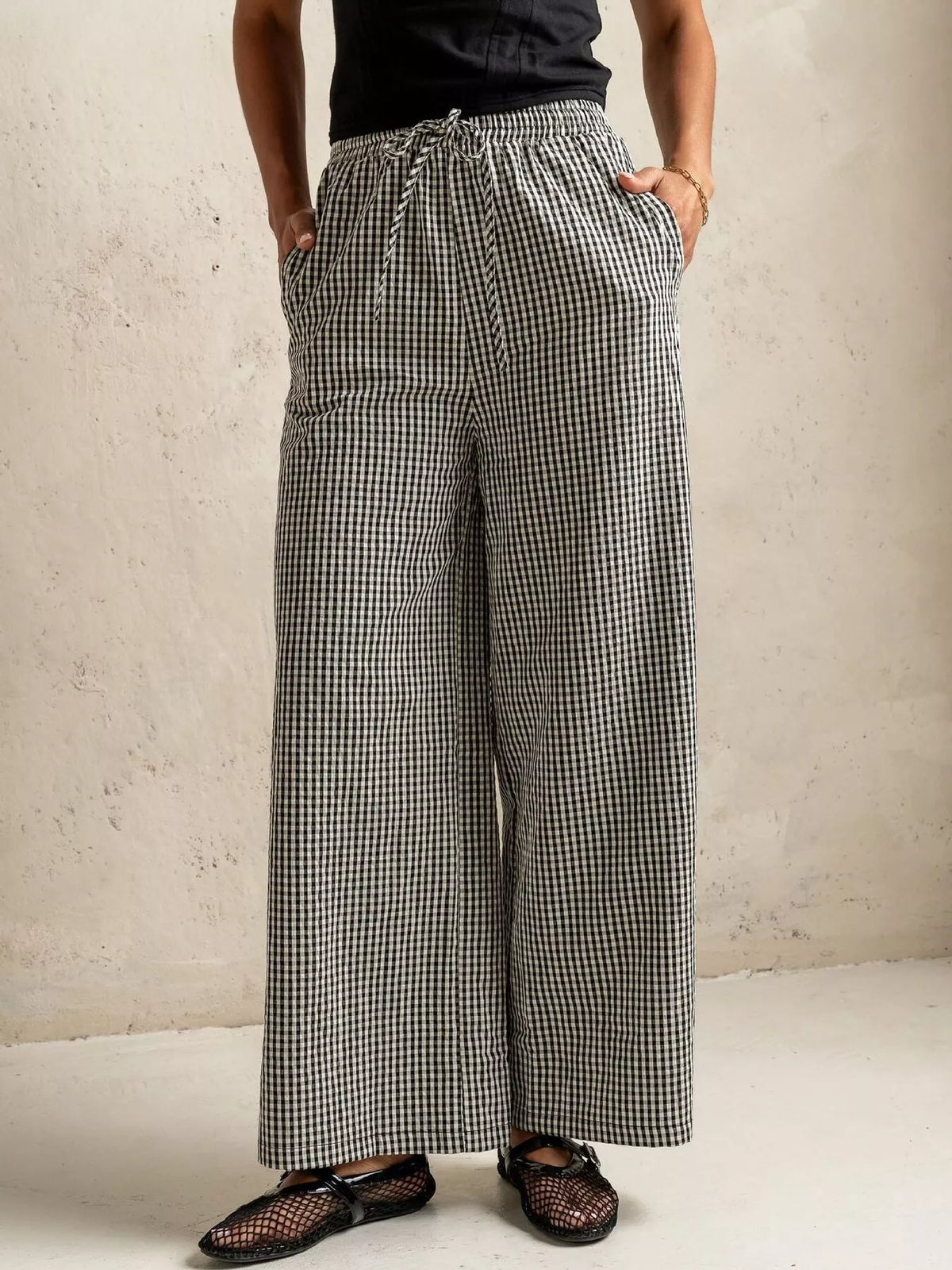 Gingham Print Wide Leg Casual Pants
