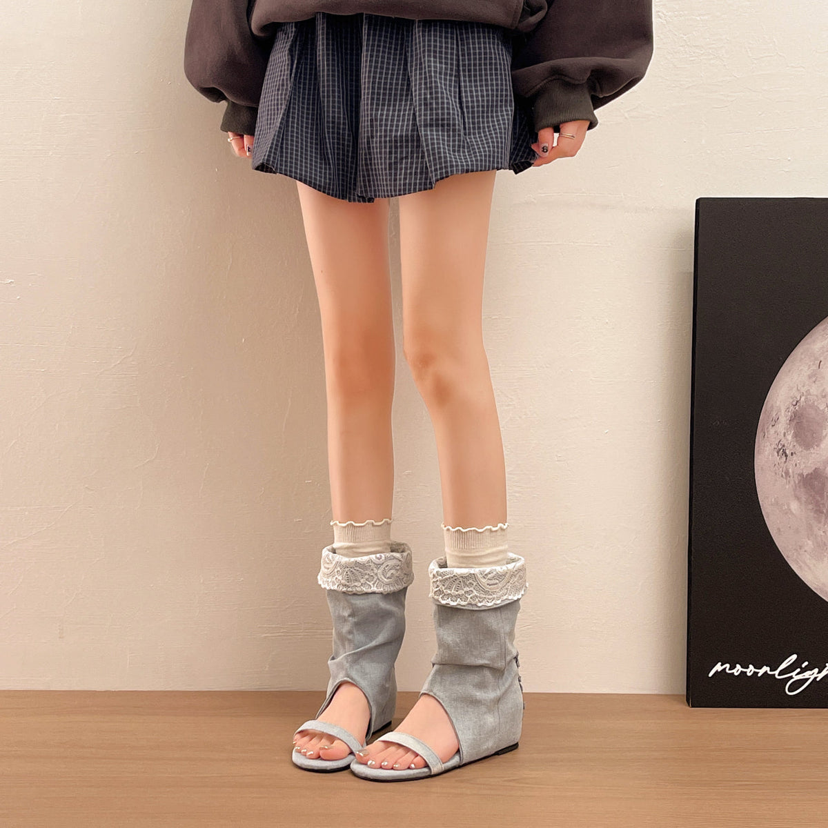 Women Slouch Washed Denim Open Toe Long Boots, Lace Trim Side Buttons Y2K Hidden Wedge Tall Sandal Booties