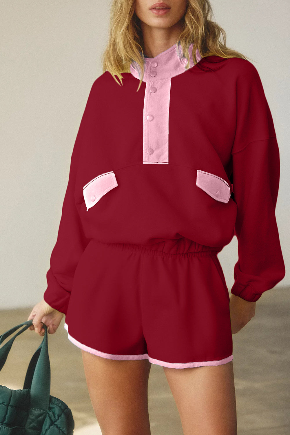 Conjunto de Sudadera de Medio Botón y Pantalones Cortos con Bloques de Color y Retazos Red Dahlia