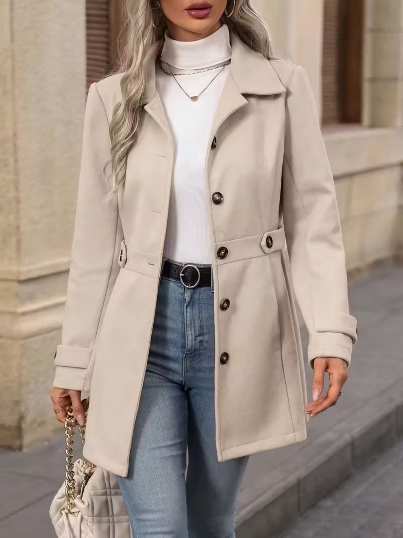 Abrigo de lana elegante para mujer - Abrigo de invierno de corte entallado de longitud media con solapa