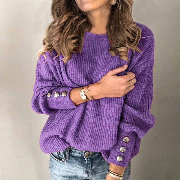 Long Sleeve Round Neck Button Knit T-shirt See size chart under “more details”