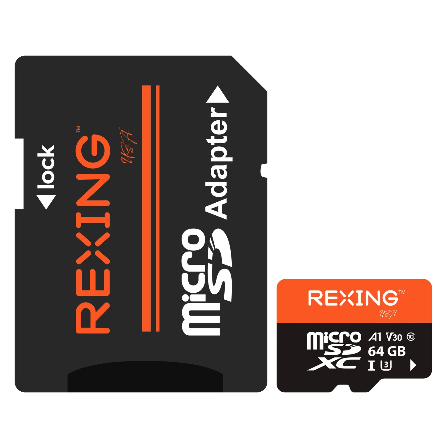 Tarjeta SD REXING microSDXC UHS-3 4K Full HD de alta velocidad para video, monitoreo y transferencia, con adaptador para cámaras de salpicadero, sistemas de vigilancia, cámaras de seguridad y cámaras corporales.