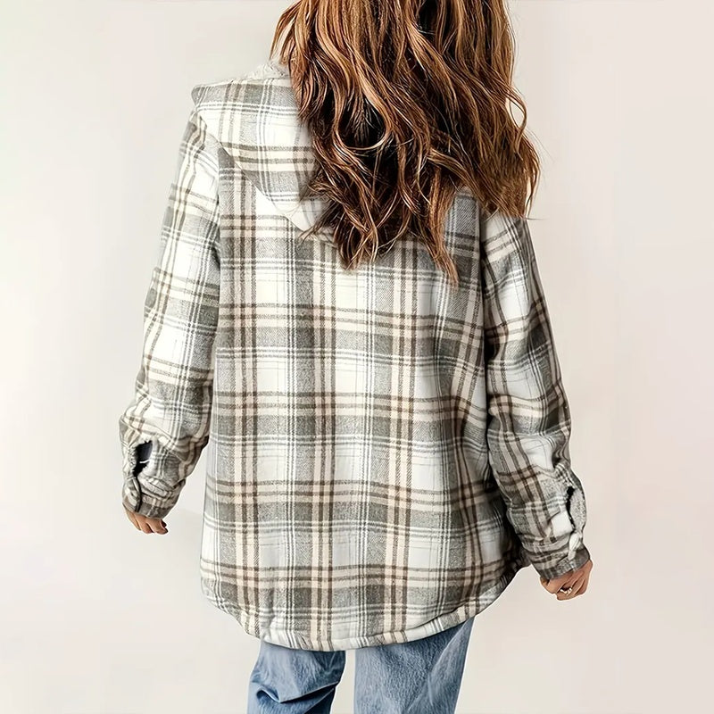 Chaqueta de manga larga a cuadros con botones para mujer