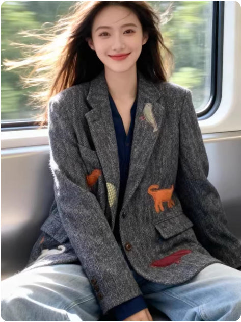 Womens Fashionable Retro Casual Wool Blazer