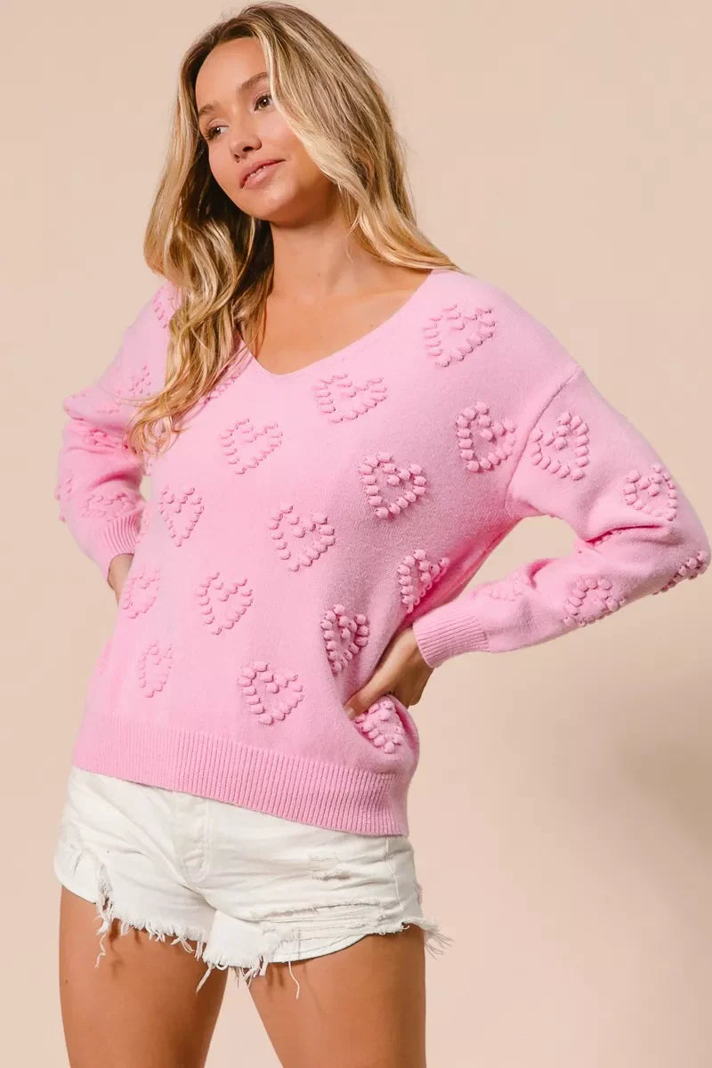 Top de punto con escote en V y pompón de corazón "BiBi Valentines"