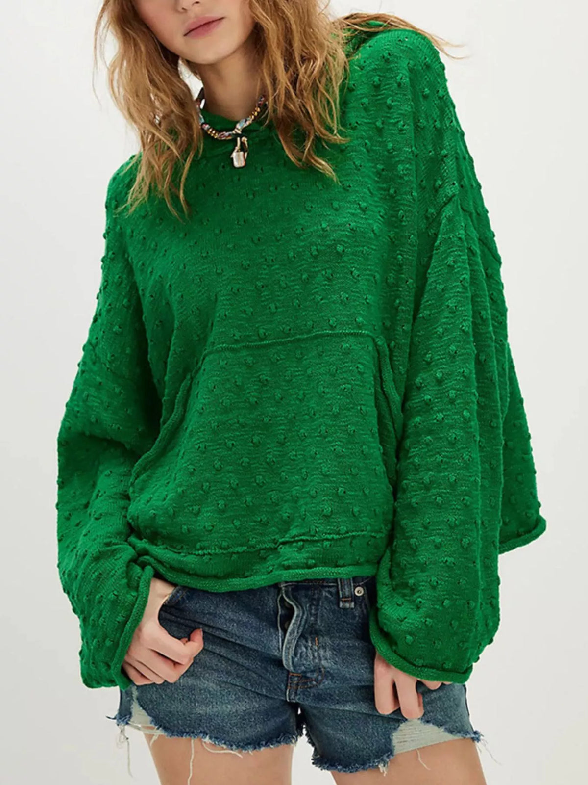 Textured Dot Knit Long Sleeve Hooded Sweater