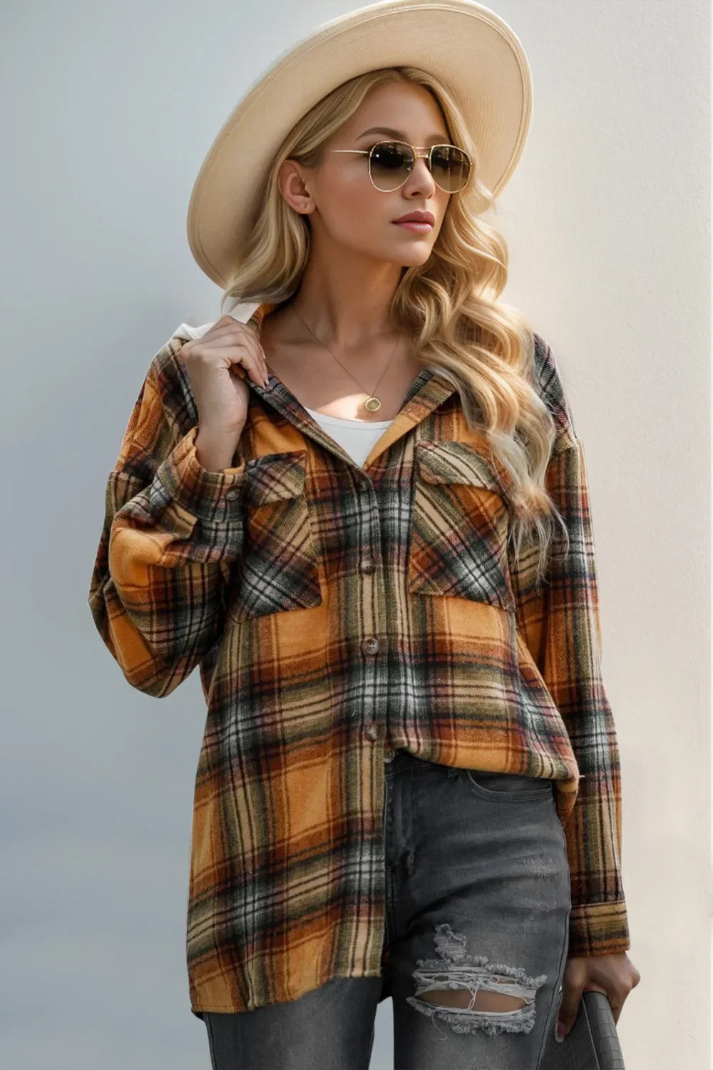 Chaqueta de cuadros con capucha, mangas largas y cordón ajustable Double Take