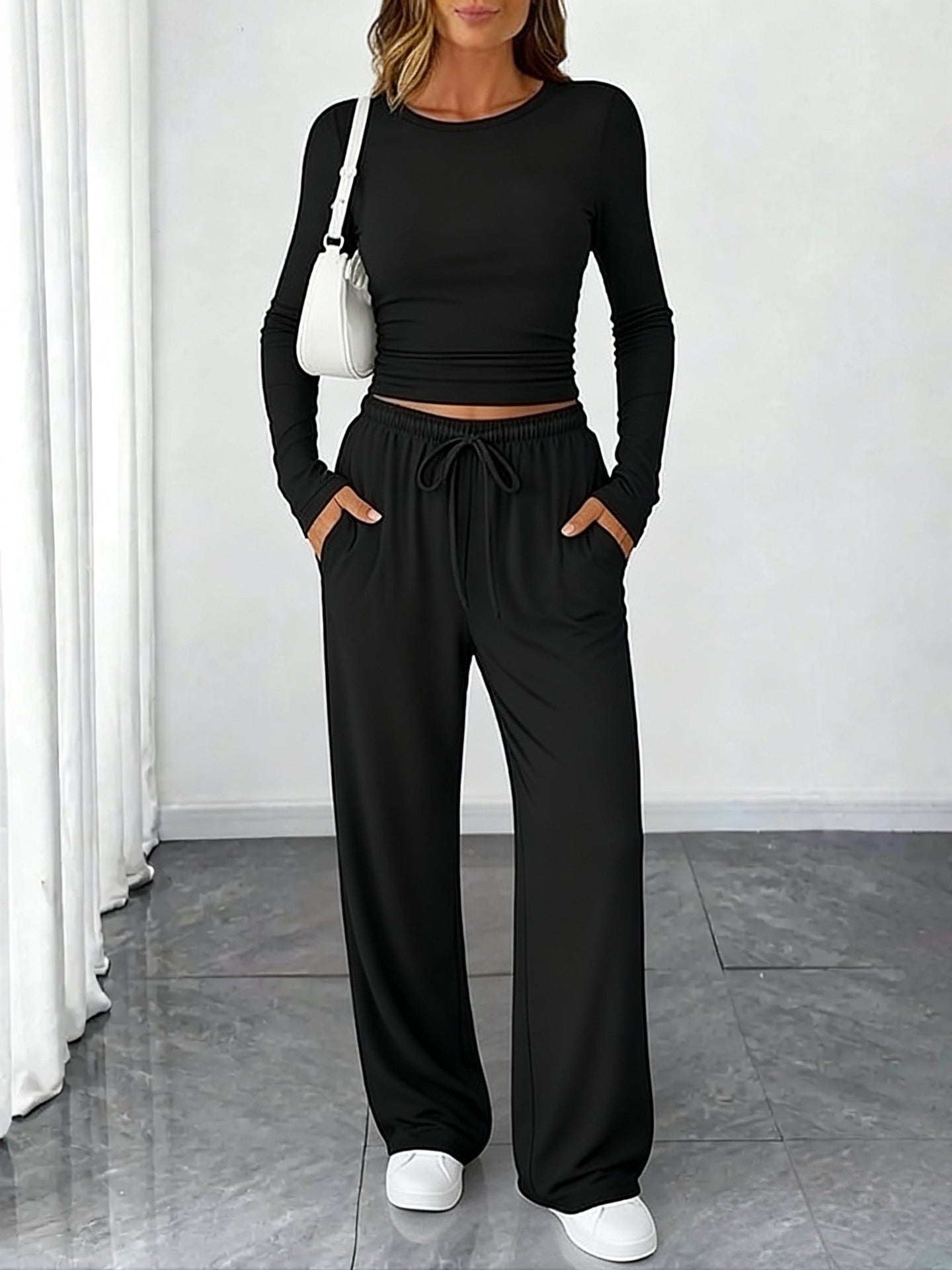 Amazon 2025 New European And American Style Slimming Waist-Cinching Fashionable Casual Suit Sports Yoga Spring And Summer Round Neck Long-Sleeved Women's Clothing