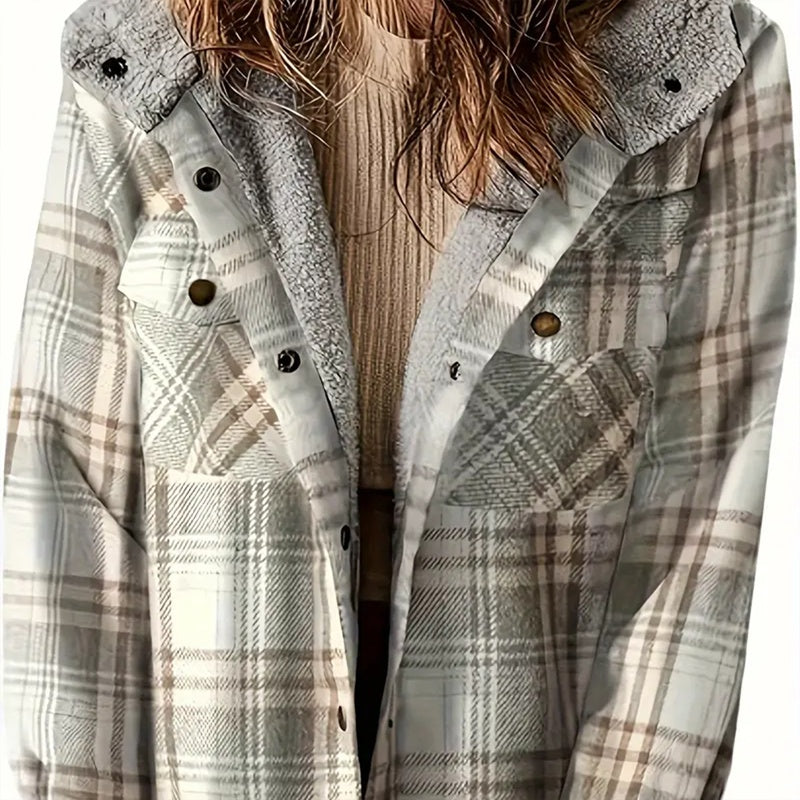 Women's Plaid Button-Up Long Sleeve Jacket Fall Winter  Flap Button Pocket Design Casual Hooded Fleece-Lined Warm Coat See size chart under “more details”