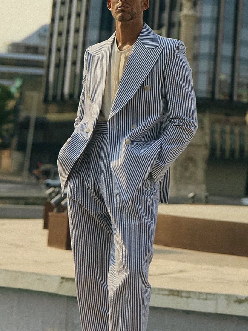 Men's Blue And White Striped Suit Set