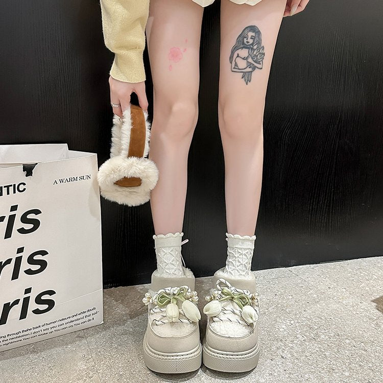 Platform Crisscross Straps New Arrival For Autumn & Winter, Fashion Fleece Lined Warm Slipon Elastic Ankle Cotton Shoes