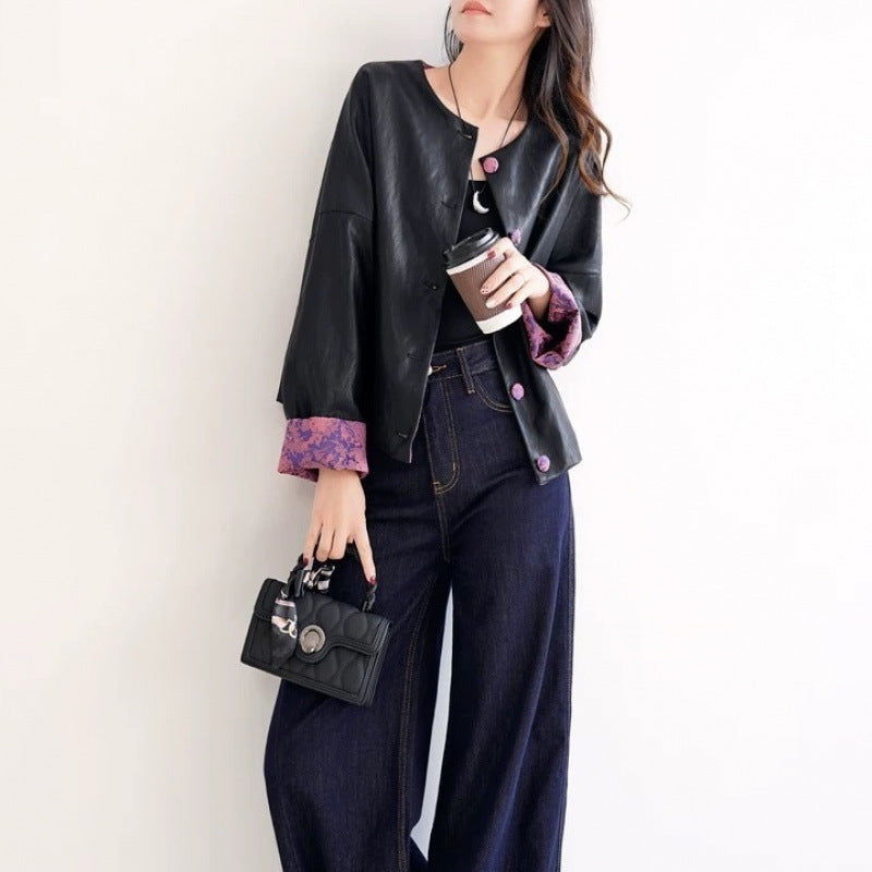 Retro Chinese-style Jacquard Patchwork Leather Jacket