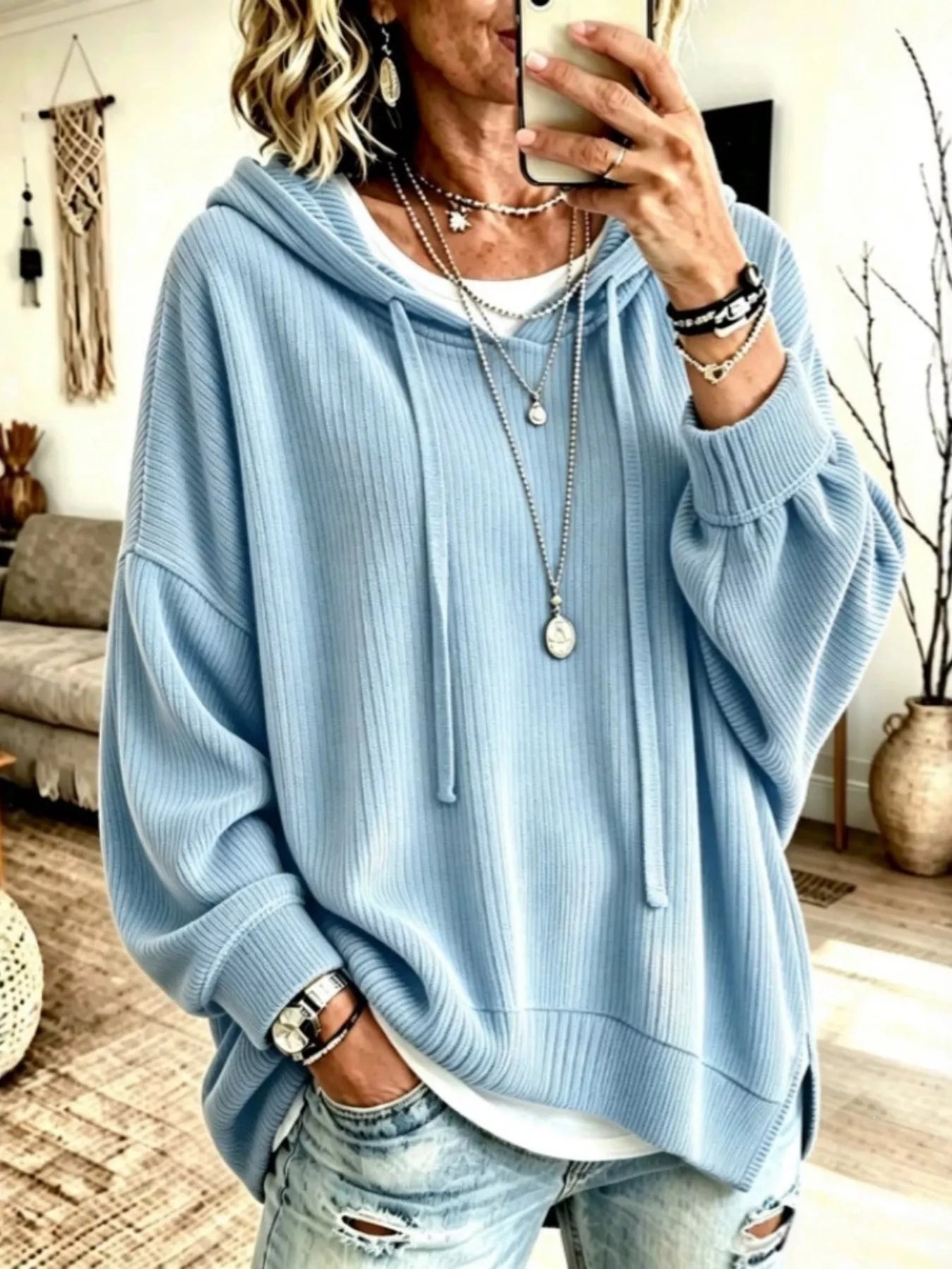 Drawstring Ribbed Knit Hoodie