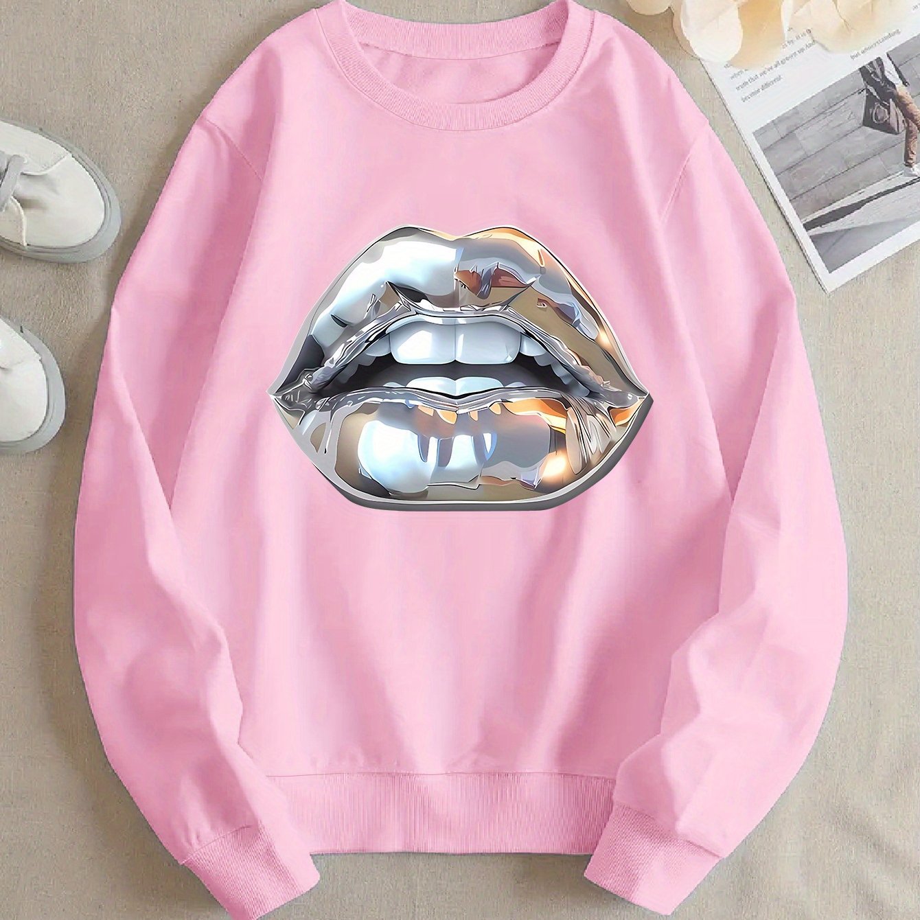 Womens Cartoon Silver Lip-Printed Sweatshirt See size chart under “more details”