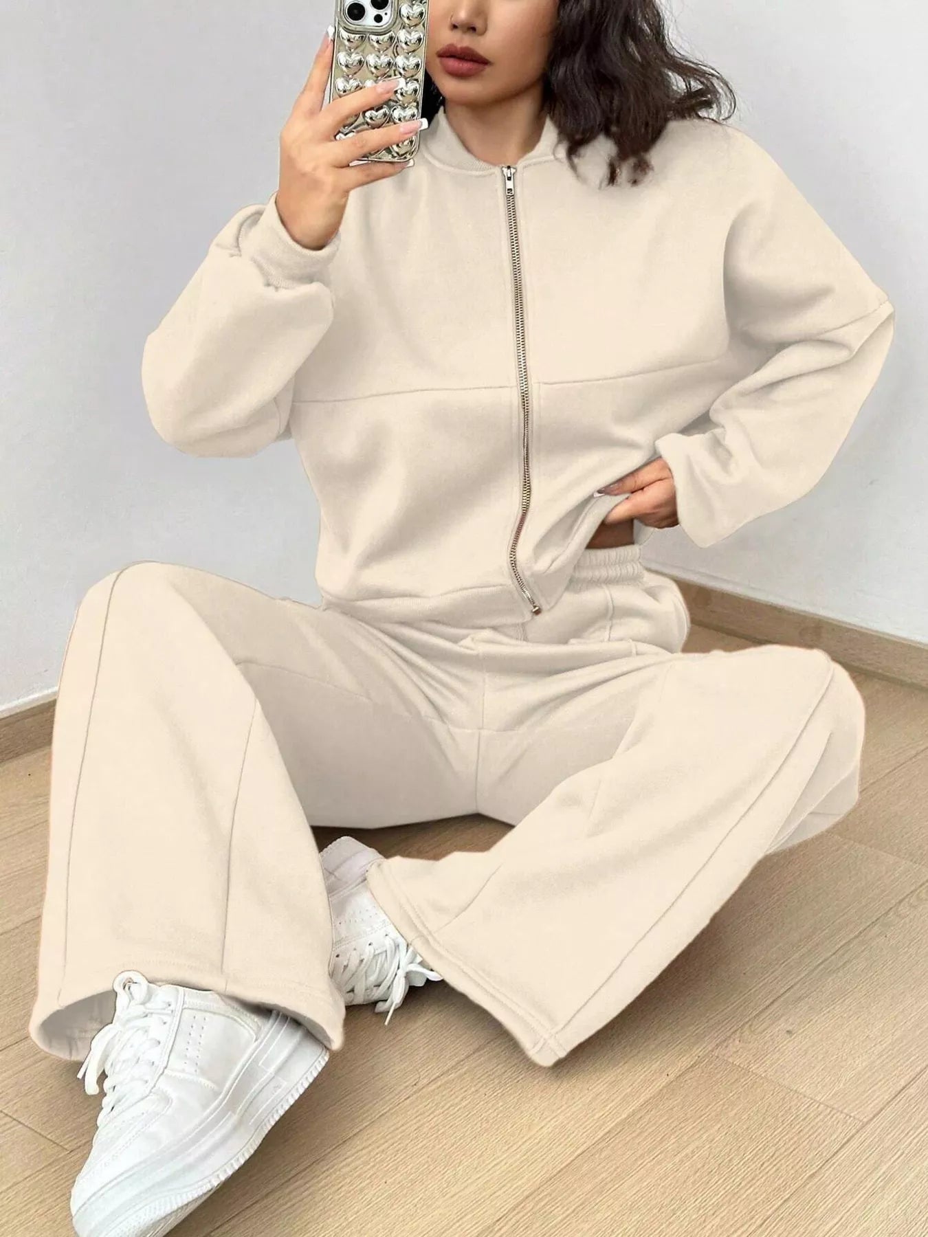 Conjunto de chaqueta con cremallera de color liso informal y pantalones de pernera ancha