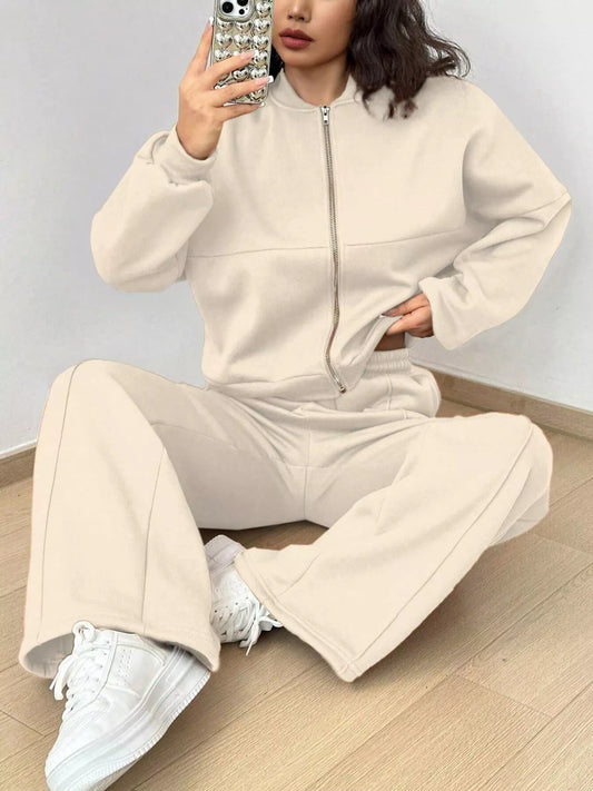 Conjunto de chaqueta con cremallera de color liso informal y pantalones de pernera ancha