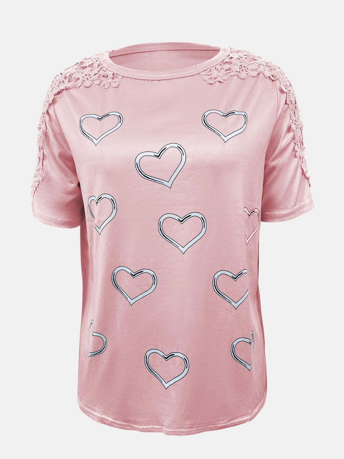 Camiseta de manga corta con cuello redondo, detalle de encaje y corazón, talla grande