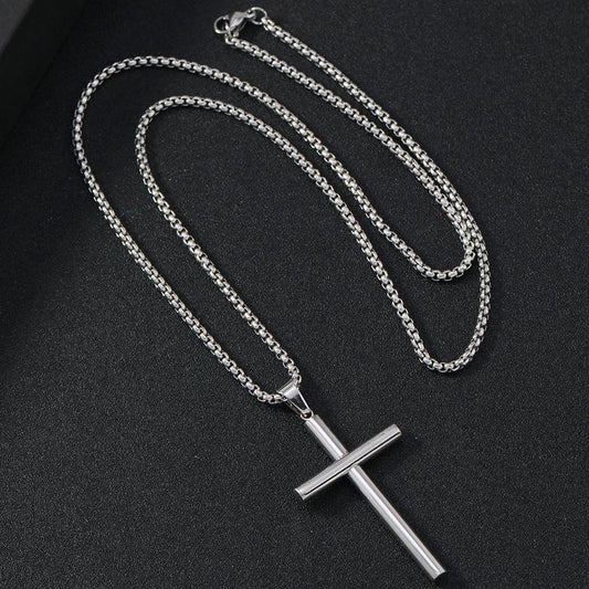 Round Large Beveled Cross Necklace Titanium Steel For Men