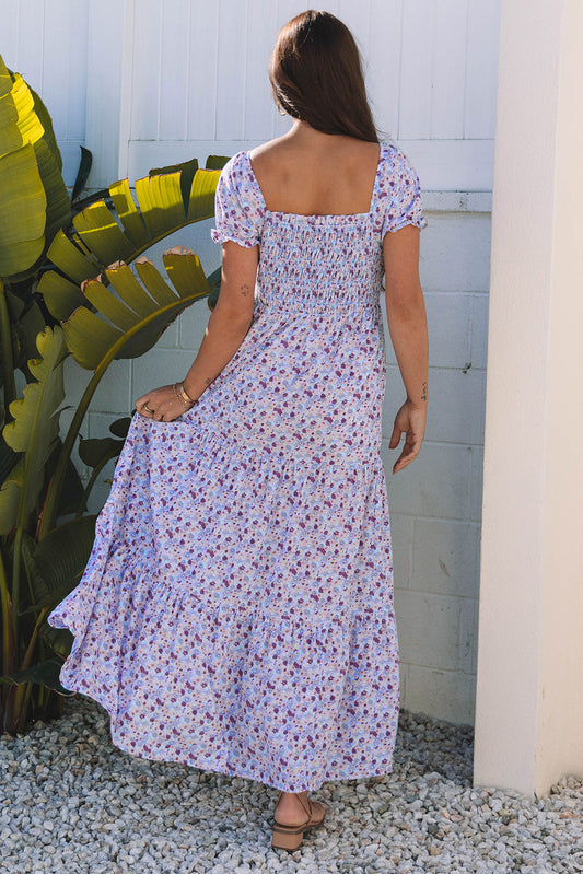 Vestido maxi fruncido de cintura alta con manga corta abullonada floral morado