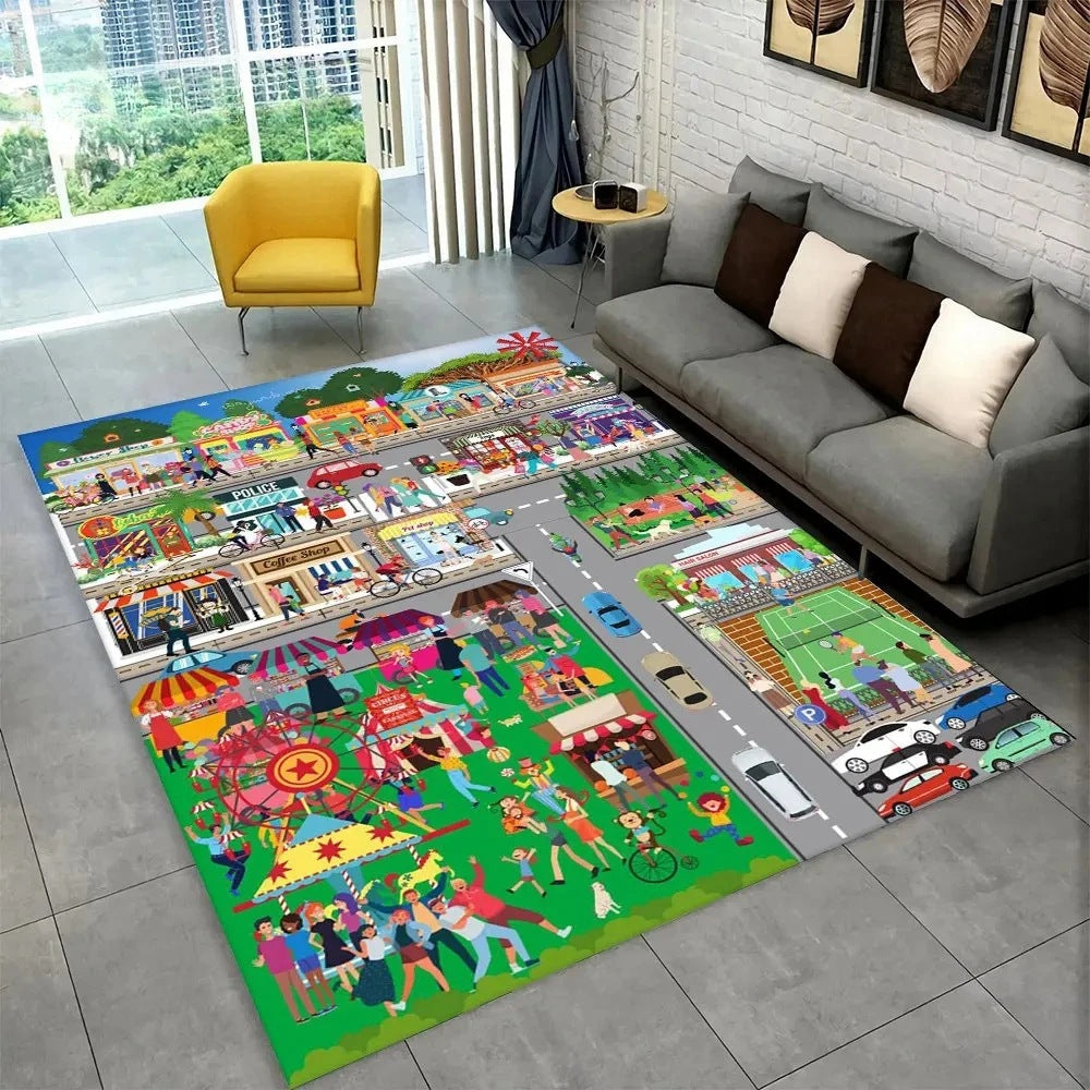 Fun Racing Track Flannel Floor Mat Non-Slip Home Decor Rug For Kids Rooms And Play Areas