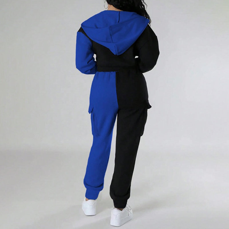 Women's Color Block 2 Piece Set, Full Zip Up Cropped Hoodie Jacket & Drawstring Cargo Pants, Casual Streetwear Outfit See size chart under “more details”