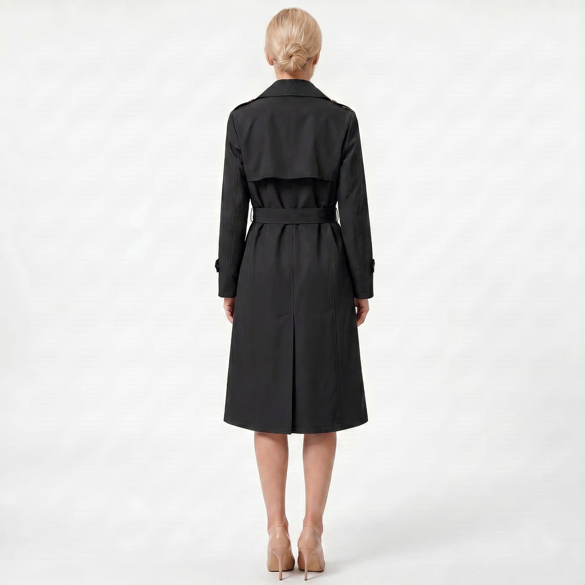 Casual Waist Cinching Trench Coat For Fall Winter, Elegant Long Women Outerwear With Double Breasted Design, Model