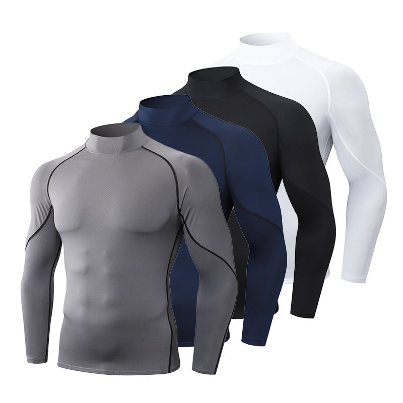 Cross-border Explosions Outdoor Sports Fitness Clothes Men's Running High Collar Long Sleeve Moisture-absorbing Quick-drying Clothes Training Tight Clothes Men