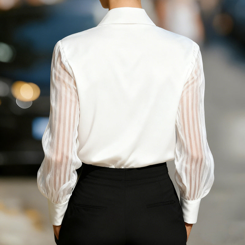 Blusa de satén con cuello solapa para mujer - Camisa transparente de manga larga con botones para oficina y primavera/otoño